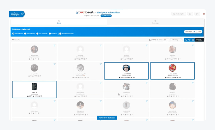 graphic shows the screenshot of a Growth beast's Instagram Bot user panel
