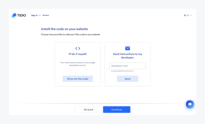 Snapshot of the fourth step in Tidio's onboarding process - Install the code on your website