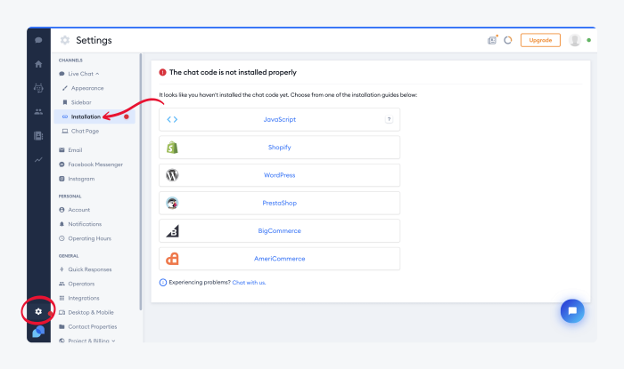 Installation tab in Tidio settings with a settings button circled in the bottom left corner and an arrow pointing to the Installation tab in the left side menu
